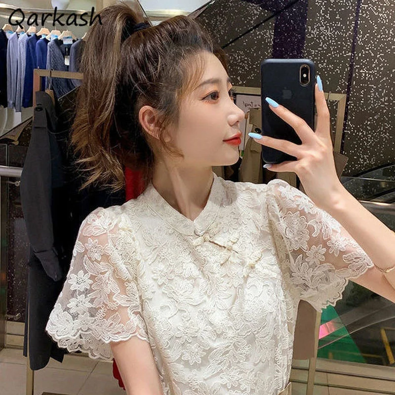 Blouses Women Lace Sheer Chic Casual Ulzzang Soft Summer Elegant Tender Female Clothes All-match Stylish Inside Basic Mujer Ropa