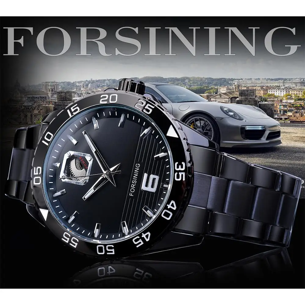 Forsining Half Skeleton Black Stainless Steel Men Automatic Mechanical Wrist Watch Transparent Male Clock Relogio Timepiece Hour