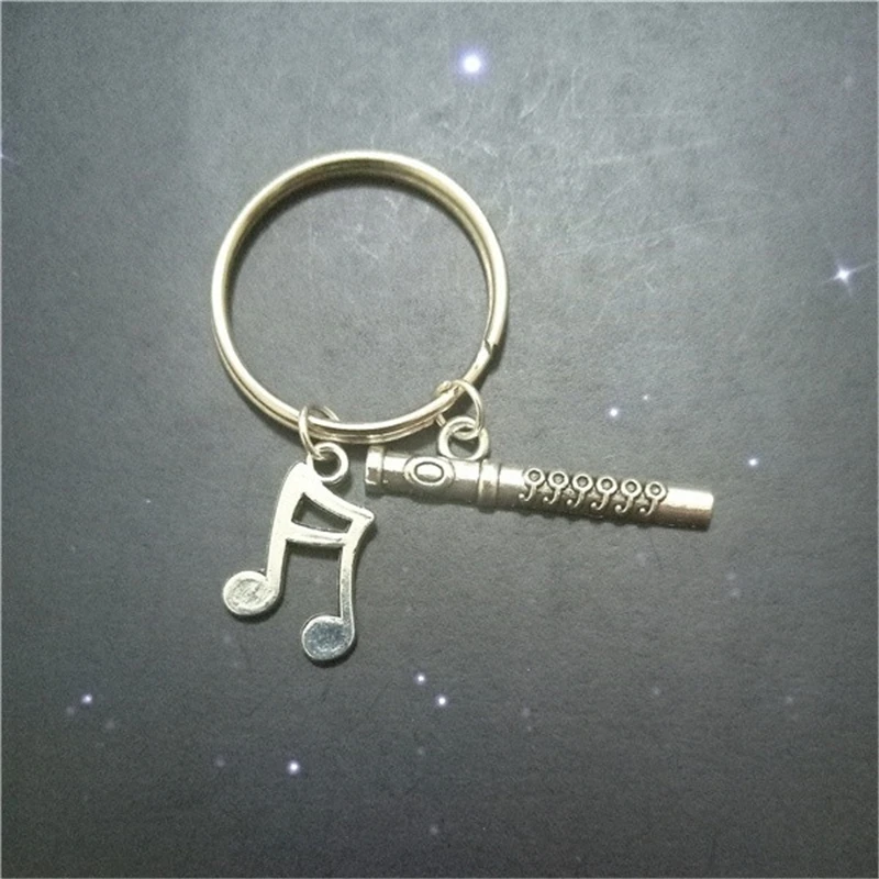 Cute Flute Keychain, Antique Silver Color Music Note Key Ring, Music Lover Gift