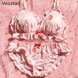 Sweet Lolita Style Women Cute Strawberry Print Bra Panties Lingerie Set Japanese Girl Kawaii Soft Underwear Panty Intimates Sets