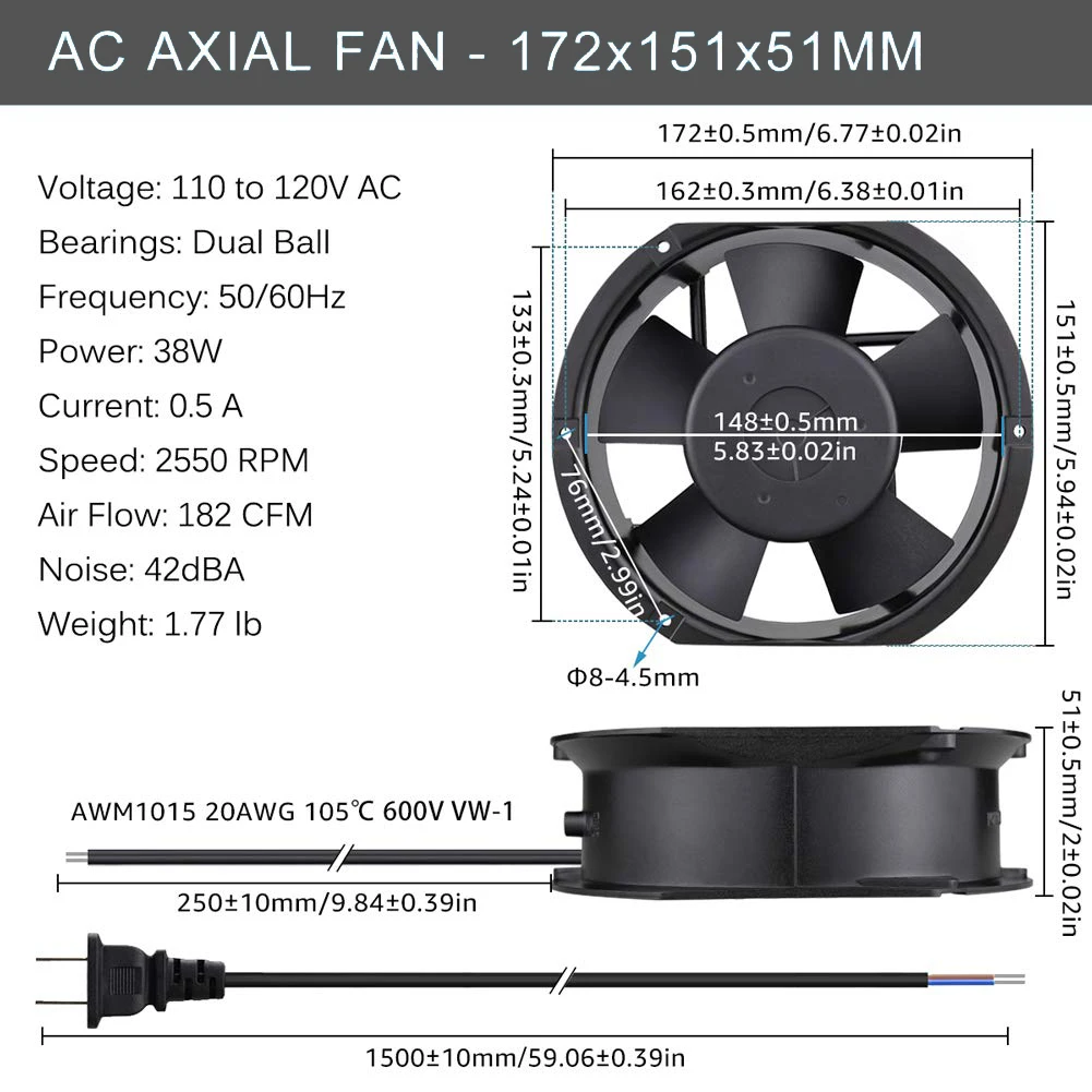 Imagem -06 - Gdstime-ventilador Axial de Rolamento Esférico Peças 172 mm ac 110v 115v 120v 172x151x51 mm Ventilação Projetos de Exaustão Ventilador de Resfriamento 17251