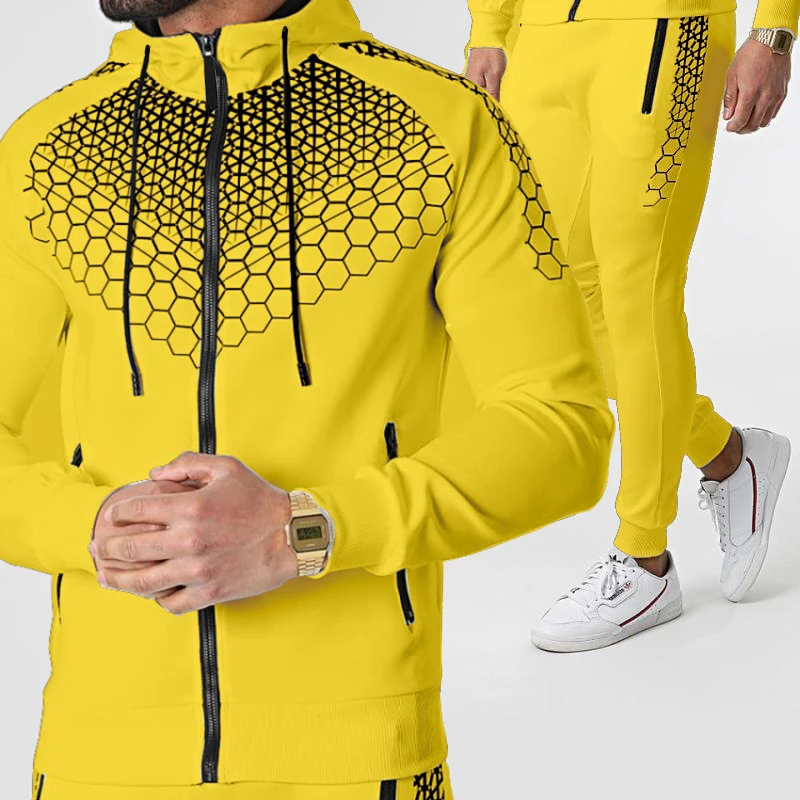 New men\'s zipper jacket suit two-piece outdoor fitness running sports popular hooded jacket outdoor sports pants sportswear suit