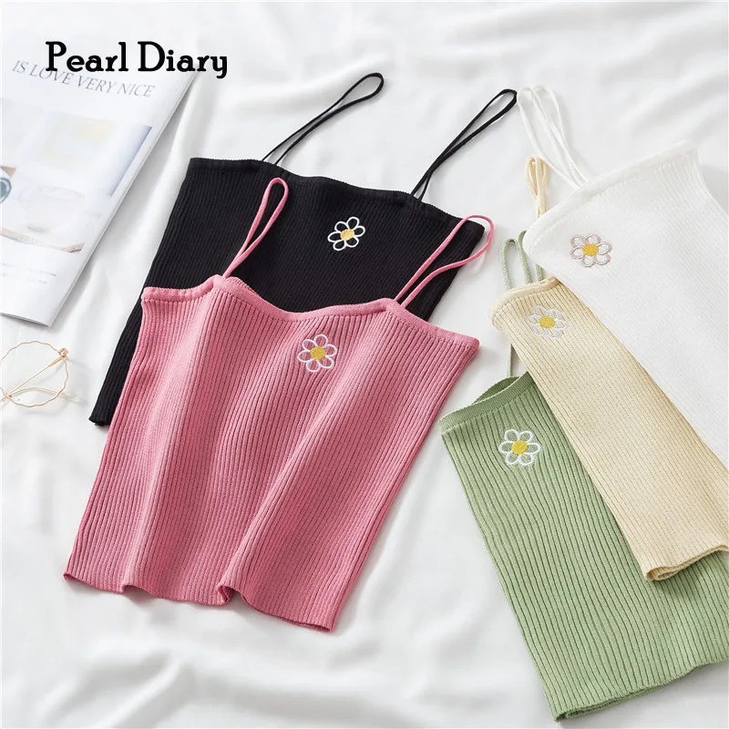 Pearl Diary Women Spaghetti Strap Square Neck Top Summer Knitting Cropped Camisole Daisy Flower Embroidery Slim Fit  Cute Tops