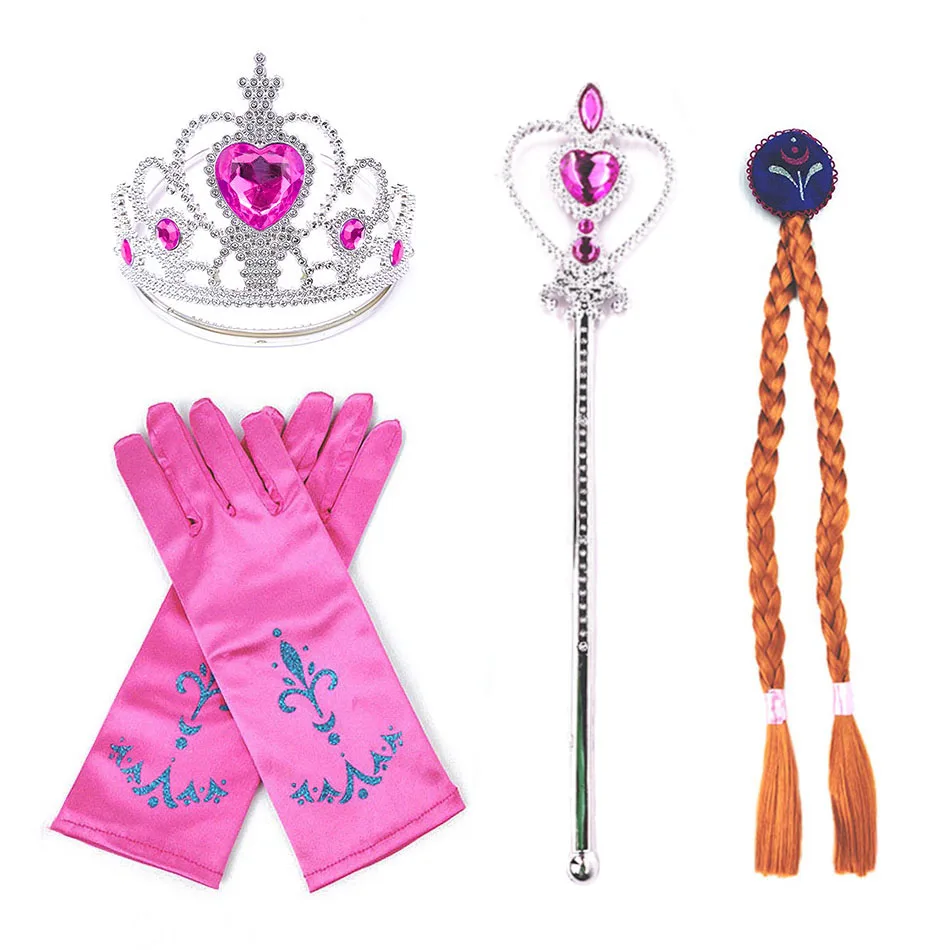 5-8 Pcs Set Elsa Anna Costume Blue Rose Yellow Pink Color Princess Accessories Crown Magic Wand Gloves Braid Halloween Dress Up