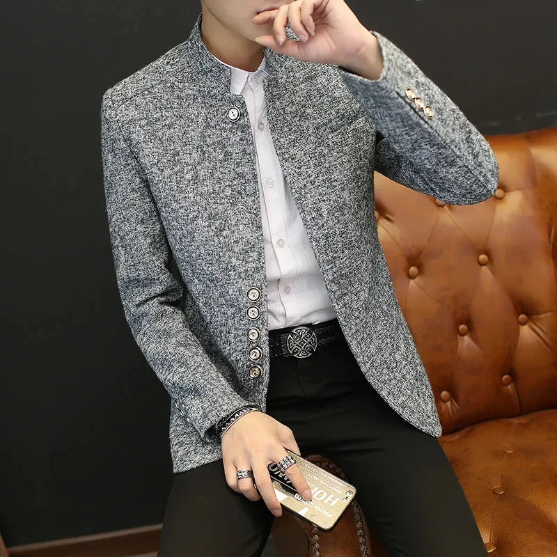 Blazers Men Jacket Casual Slim Long Sleeve Costume Homme Korean Stand Suit Coat Autumn Winter Clothing Business Buttons Outwear