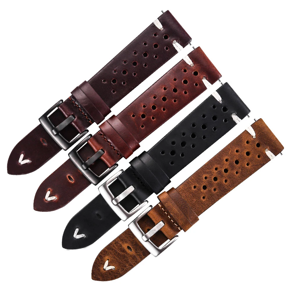 Genuine Leather Watch Band Strap Porous 18mm 20mm 22mm Dark Brown Handmade Oil Wax Leather Watch Strap Quick Release Women Men