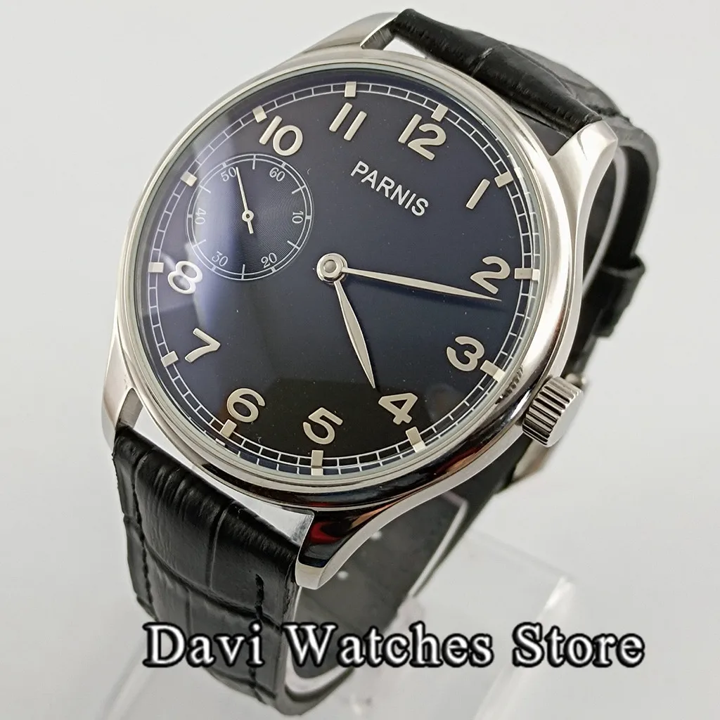 Parnis 44mm Top Mens Watches Black/White Dial 6497 Hand Winding Movement Male Wristwatch