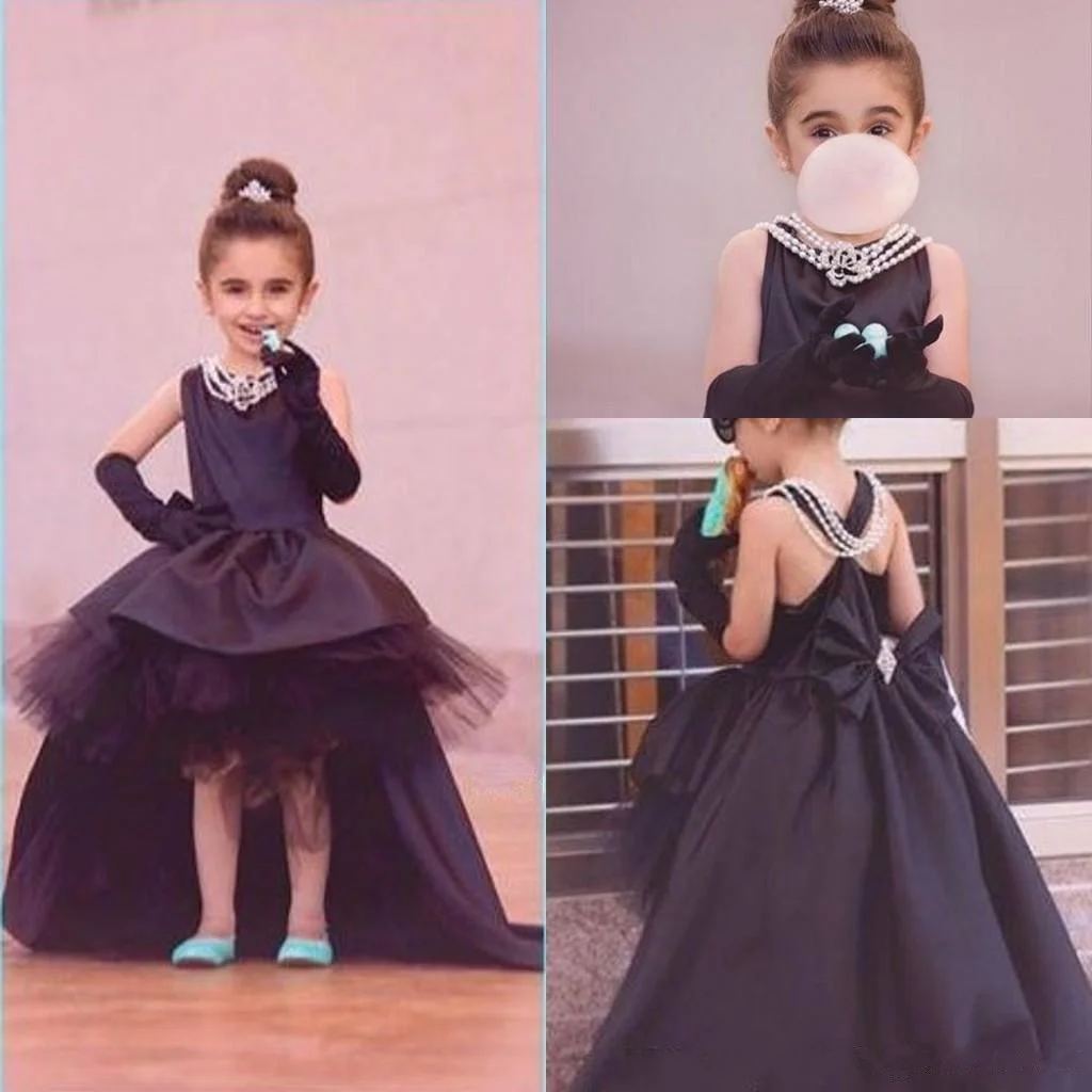 

Child Black Hi-Lo Flower Girl Dresses for Party and Wedding Kids Princess Gown TUTU Bridesmaid First Communion for Girls O-Neck