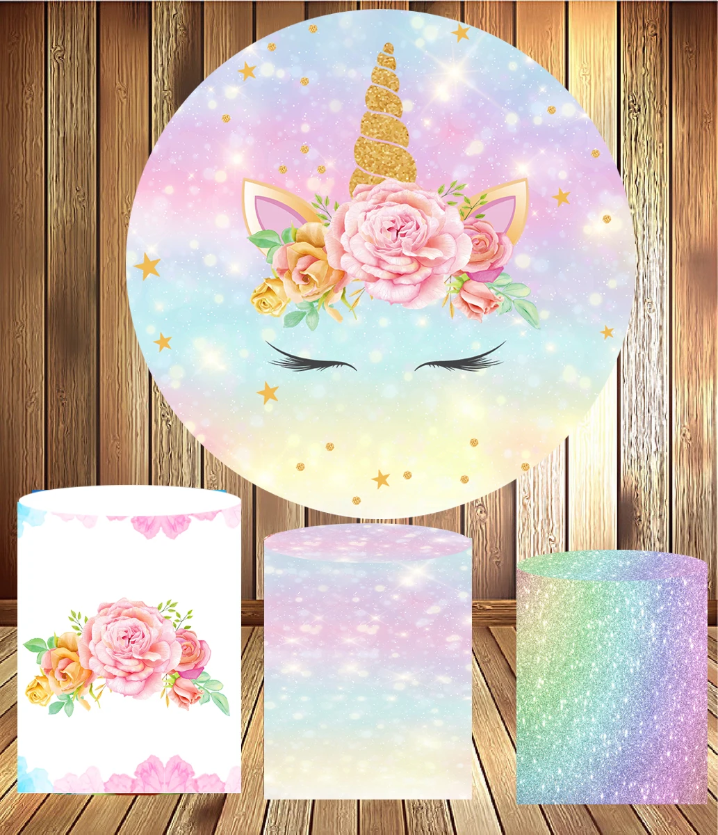 Round circle background birthday mini table party decor unicorn theme baby shower elastic fabric 3 cylinder plinths cover