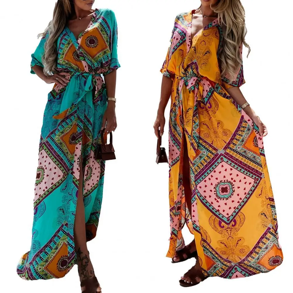 Women Maxi Dress Fashion Print V Neck Summer Beach Style High Split Large Hem Lace-Up Boho Dress Beachwear