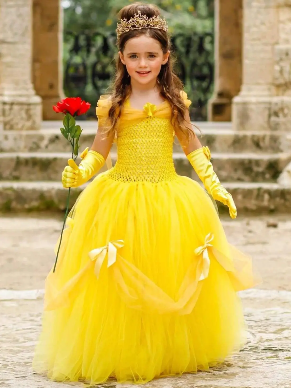 Girls Yellow Bella Tutu Dress Kids Vintage Tulle Dress Ball Gown with Long Gloves Children Cosplay Party Costume Princess Dress