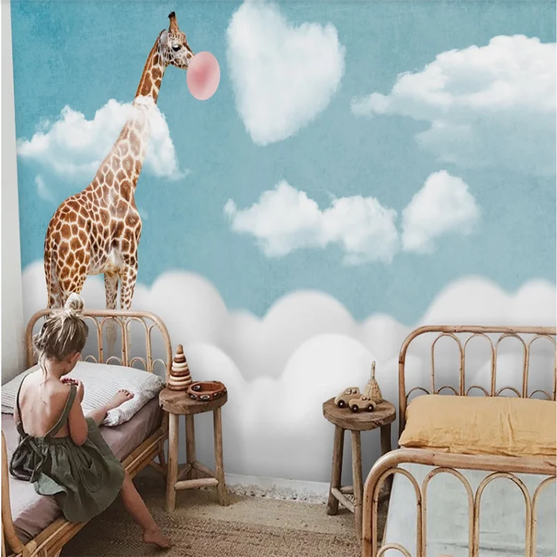 xuesu Custom wallpaper children's room sky creative clouds giraffe bedroom cartoon mural 8D waterproof wall covering