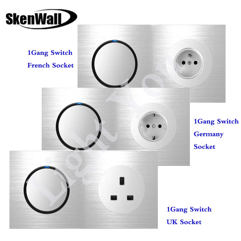 EU Standard Socket Double Panel 1Gang Switch+ EU Socket Household Silver Aluminum Alloy Panel Switch Socket 90V-250V