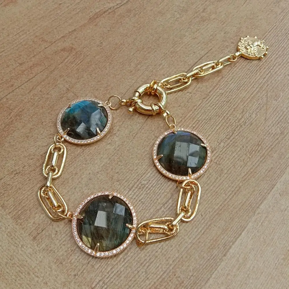 YYGEM 26 ミリメートル天然ラブラドライトコイン形状キュービックジルコニアパヴェベゼルセット宝石チェーンブレスレット