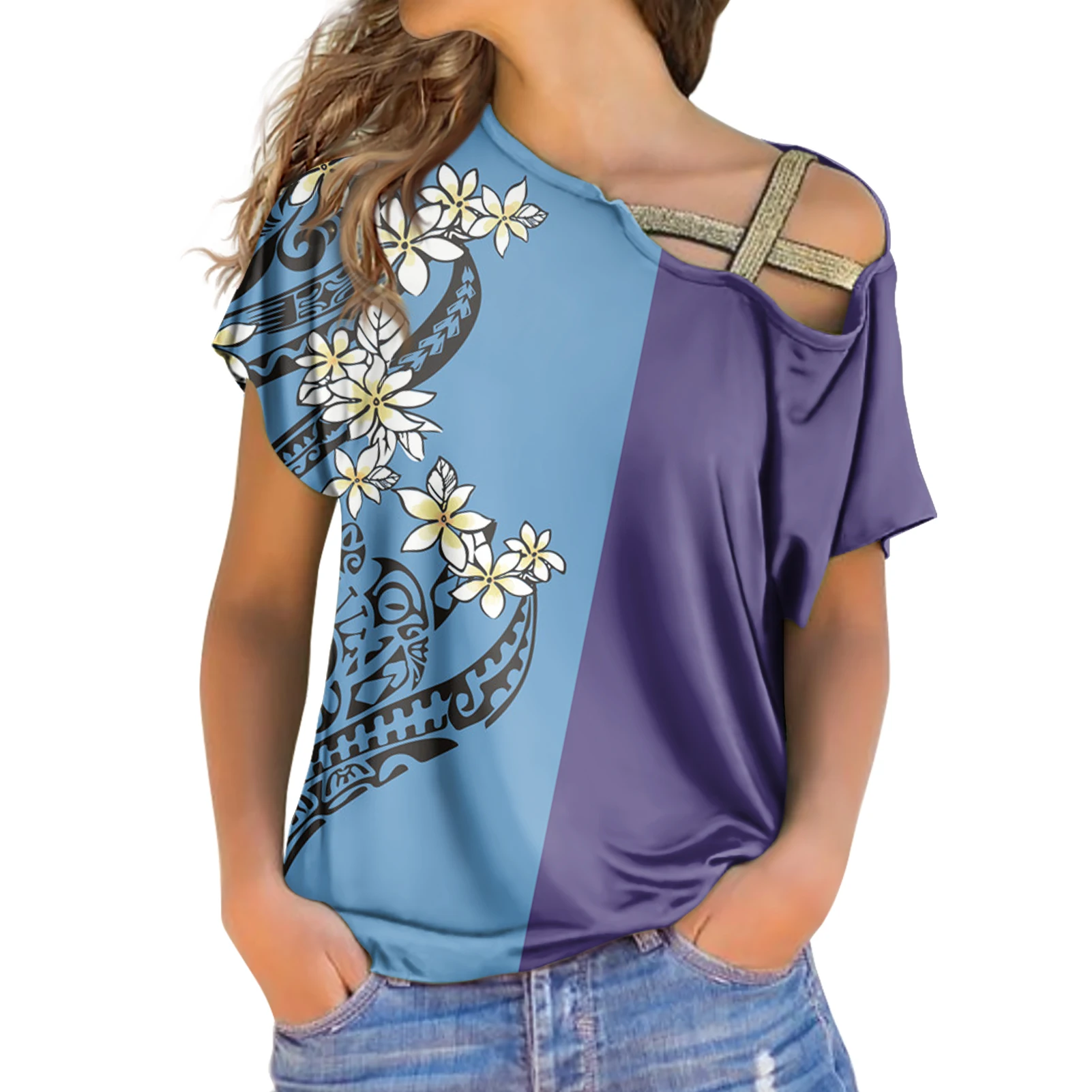 

2023 Polynesian Style Summer Print Women's Loose Breathable Sexy T-Shirt With Slant Shoulder Short Sleeve Casual Fashion Gi