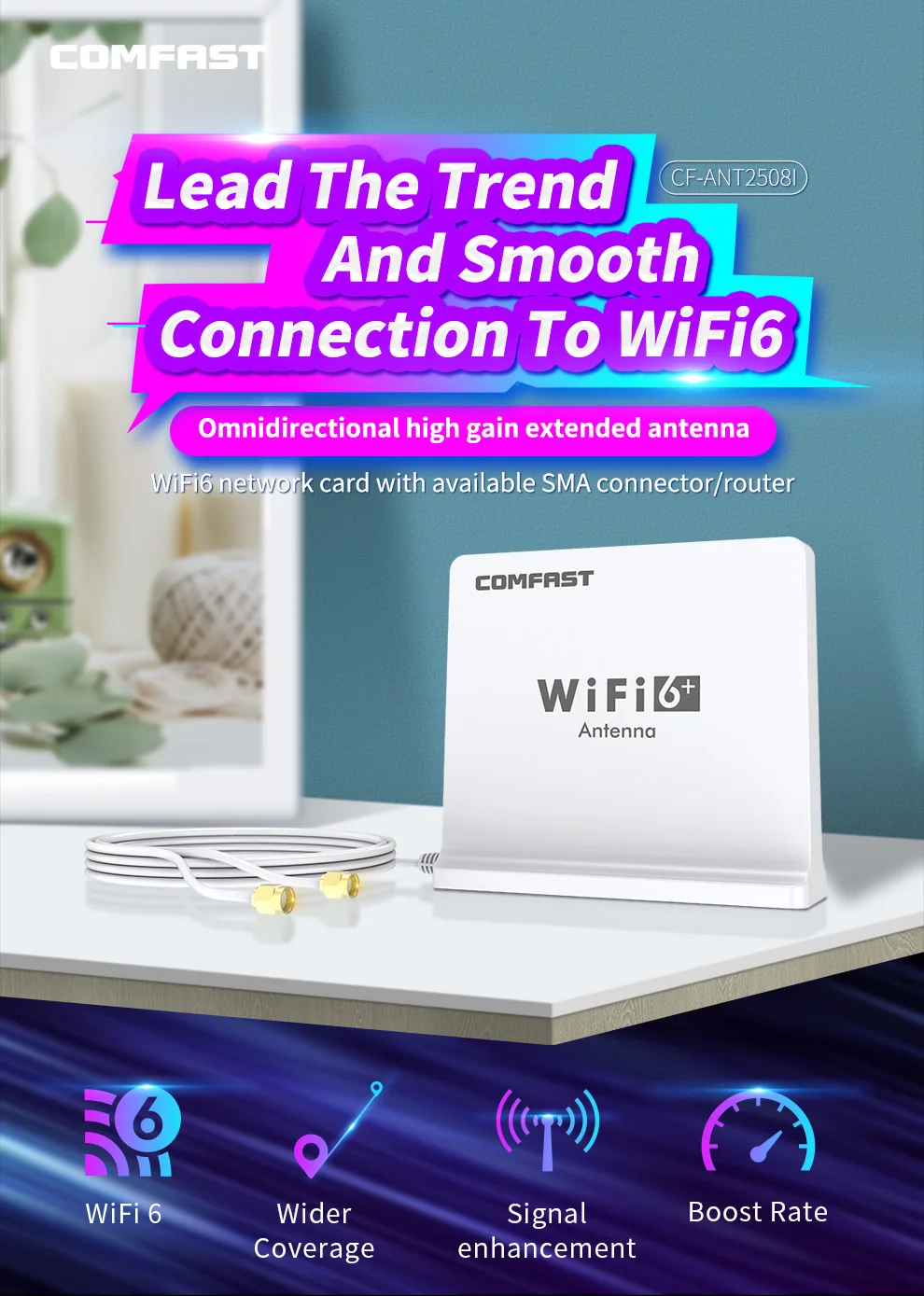 COMFAST High Gain Omnidirectional Antenna WiFi 6 for Router/Network Card Extend Wifi Coverage Dual Band 2.4/5.8GHz CF-ANT2508I