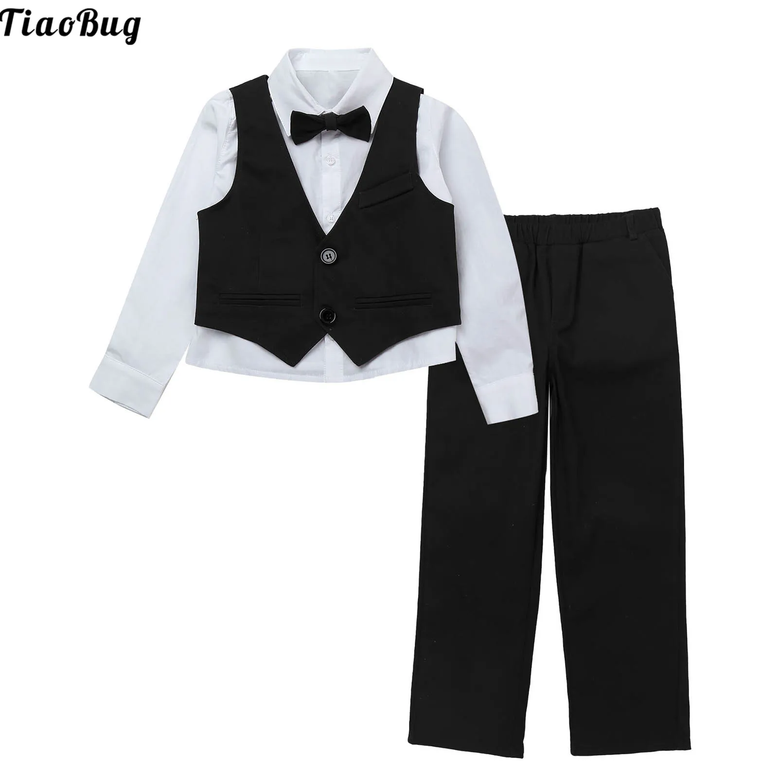 TiaoBug 4Pcs Kids Boys Suits Long Sleeve Shirt Sleeveless Single-Breasted Vest Pant With Bowknot Set For Wedding Birthday Party