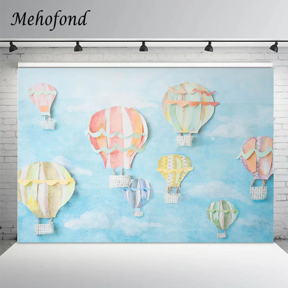 

Mehofond Hot Air Balloon Backdrop Blue Sky White Clouds Newborn Baby Birthday Cake Smash Photography Background For Photo Studio