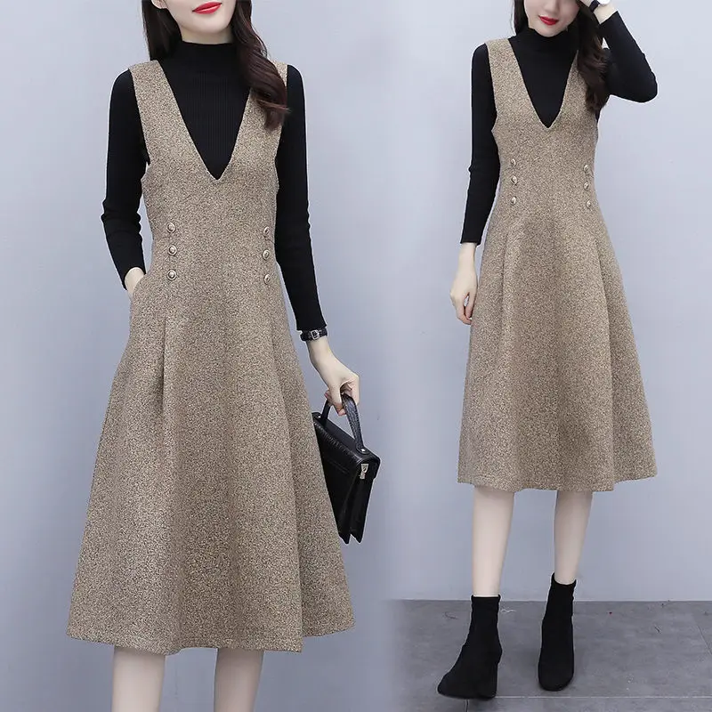 Large Size Woolen Suspender Dress Suit Female 2021 Autumn And Winter Fashion Korean Slim Vest Dress Two Piece Set Outfits M284