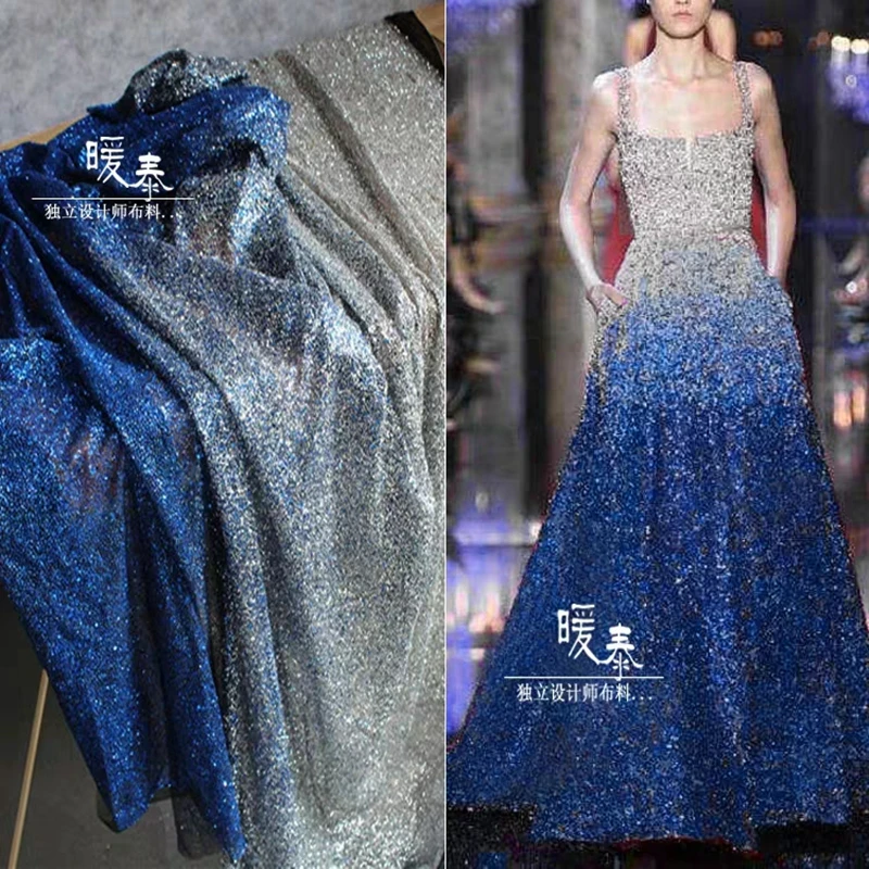 Glitter Bronzing Tulle Fabric Sparkle Sequins Blue Gradient Gold Silver DIY Decor Stage Dress Skirts Clothes Designer Fabric