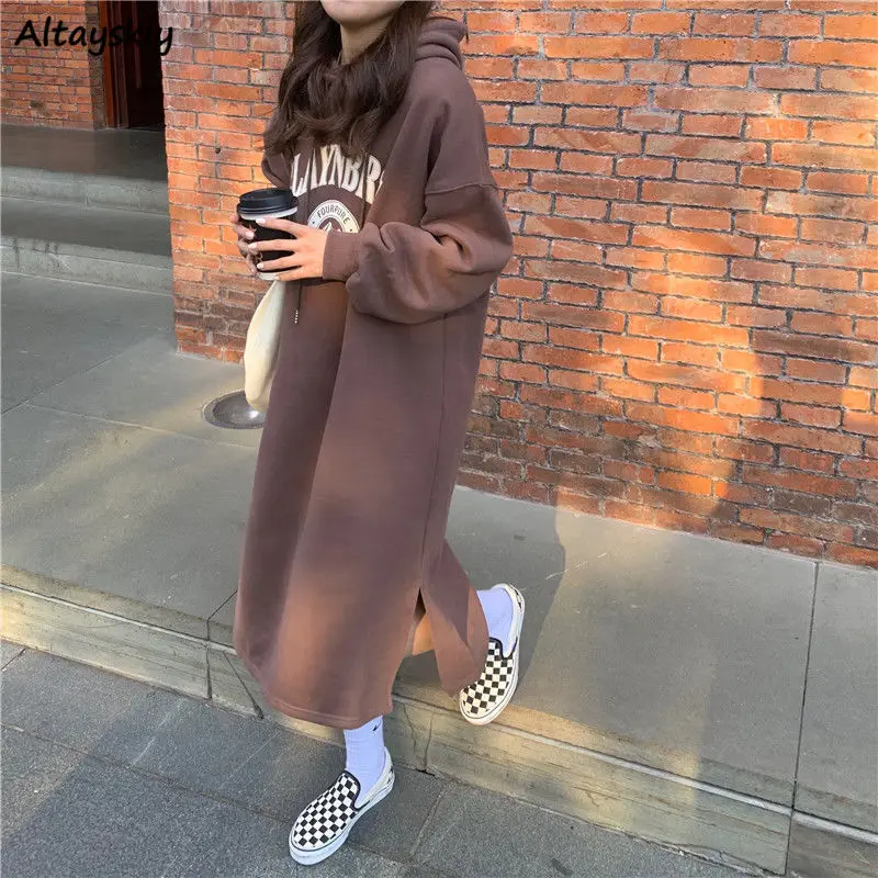 

Long Sleeve Dresses Women Printed Hooded Straight Autumn Thicken Warm Casual Daily All-match Preppy Chic Korean Fashion Vestidos