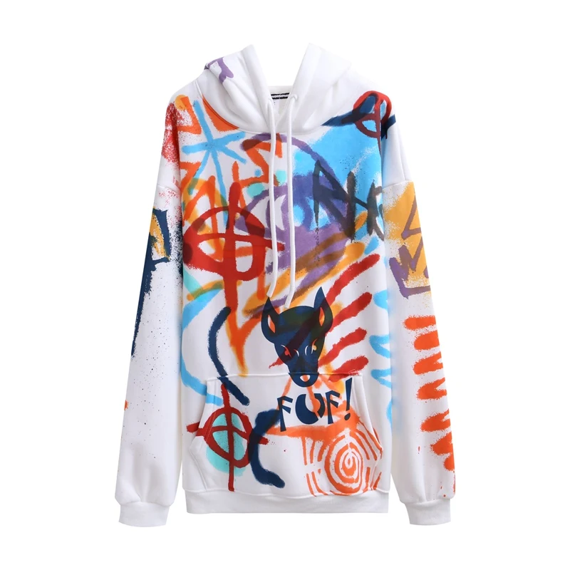 

Fleece Hoodie Keep Warm Winter Casual Women Sweatshirt Mid-length High Quality Harajuku Print Graffiti Letters Pullover Female