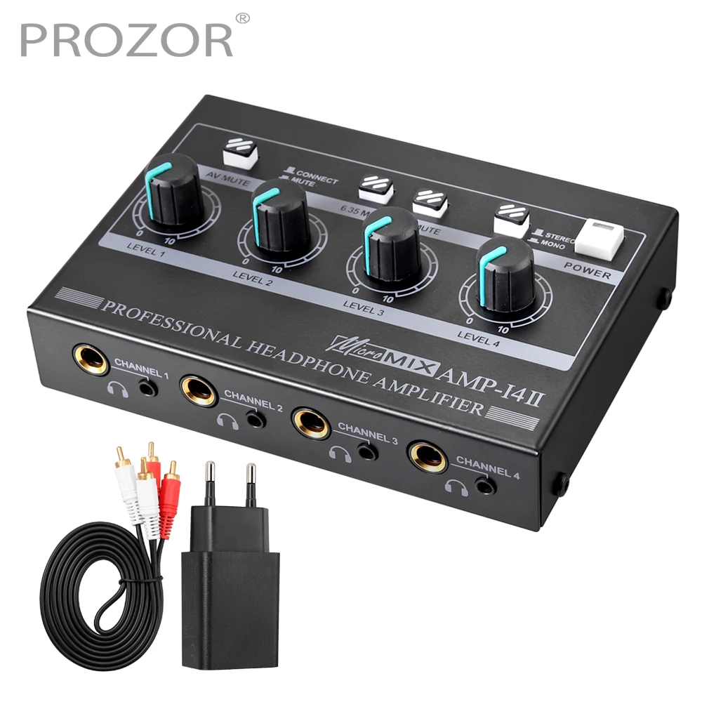 Prozor Headphone Amplifier 4 Channel Dynamic Microphone Amplifier Mono/Stereo Audio Amp with RCA In 3.5mm 6.35mm Input & Output