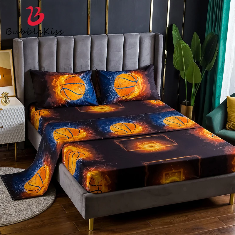 Bubble Kiss 3/4pcs Sports Bedding Set Basketball Football Baseball Rugby Duvet Cover Bed Sheet with Elastic Pillowcases Bed Set