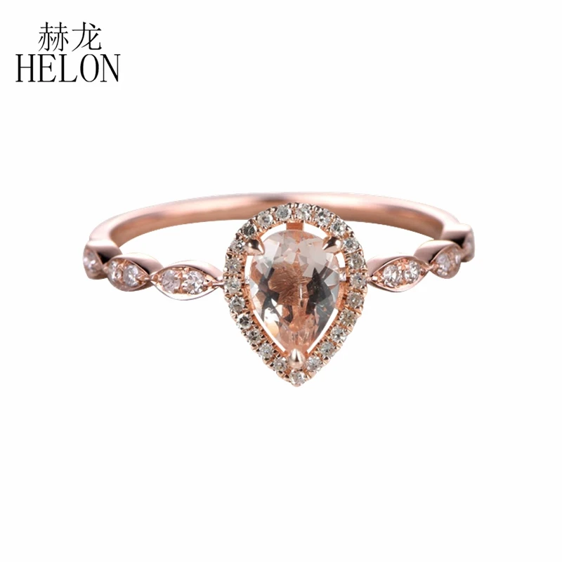 HELON Solid 14k Rose Gold Genuine Pear 7x5mm Morganite Diamonds Engagement Wedding Ring Women Vintage Fine Jewelry Diamond Ring