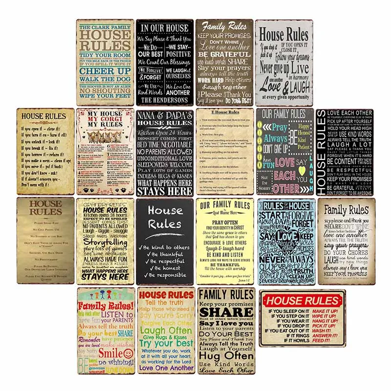 House Rules/Family Rules Metal Sign Tin Plate Vintage Shabby Chic Plaque Retro Wall Poster Home Decor Iron Paintings