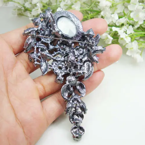 Woman Vintage Flower Cluster Long Pendant Brooch Pin Blue Rhinestone Crystal