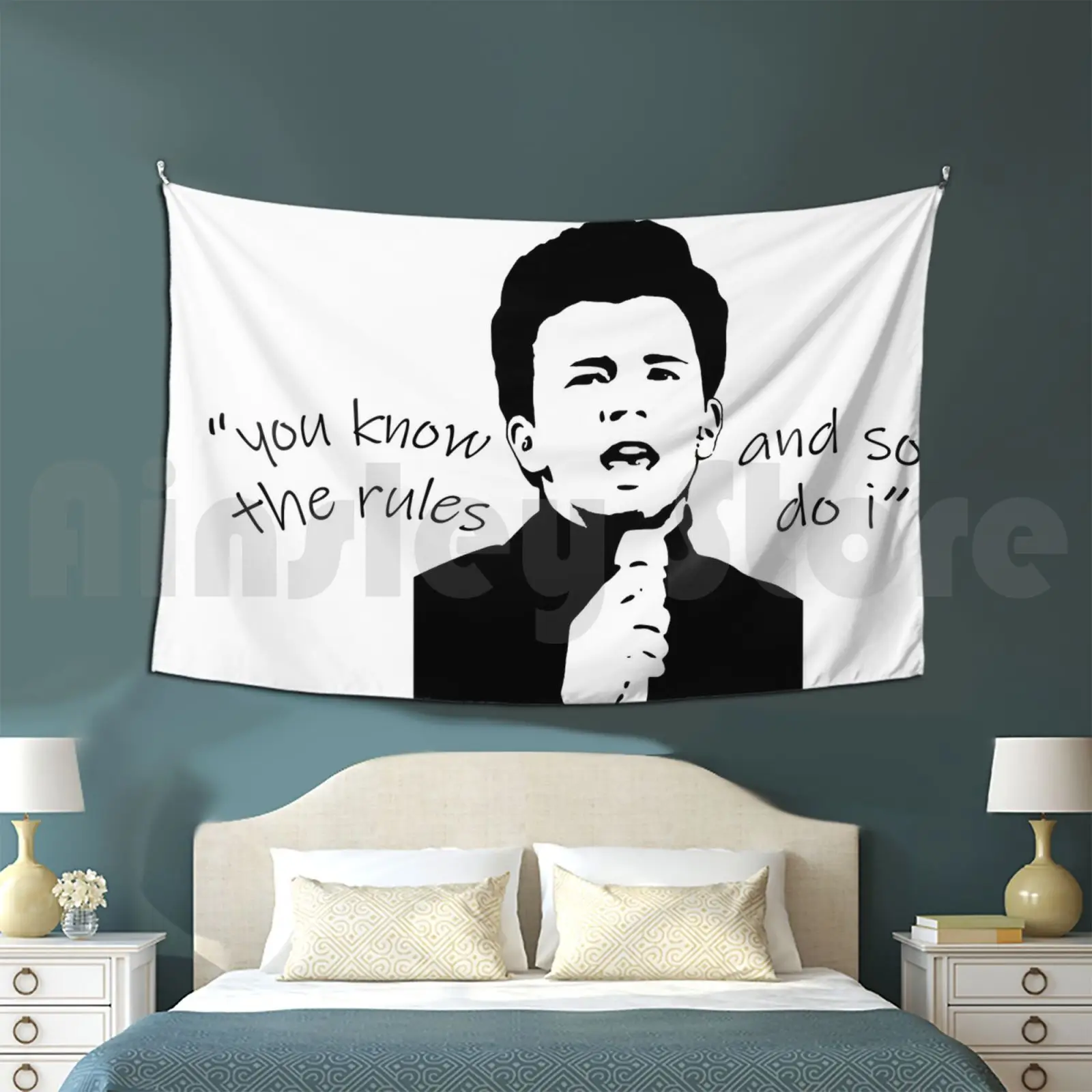 Rick Astley's 2m Rule Tapestry Living Room Bedroom Rick Astley 2 Meters Funny Pun Quarantine Song Lyrics Black