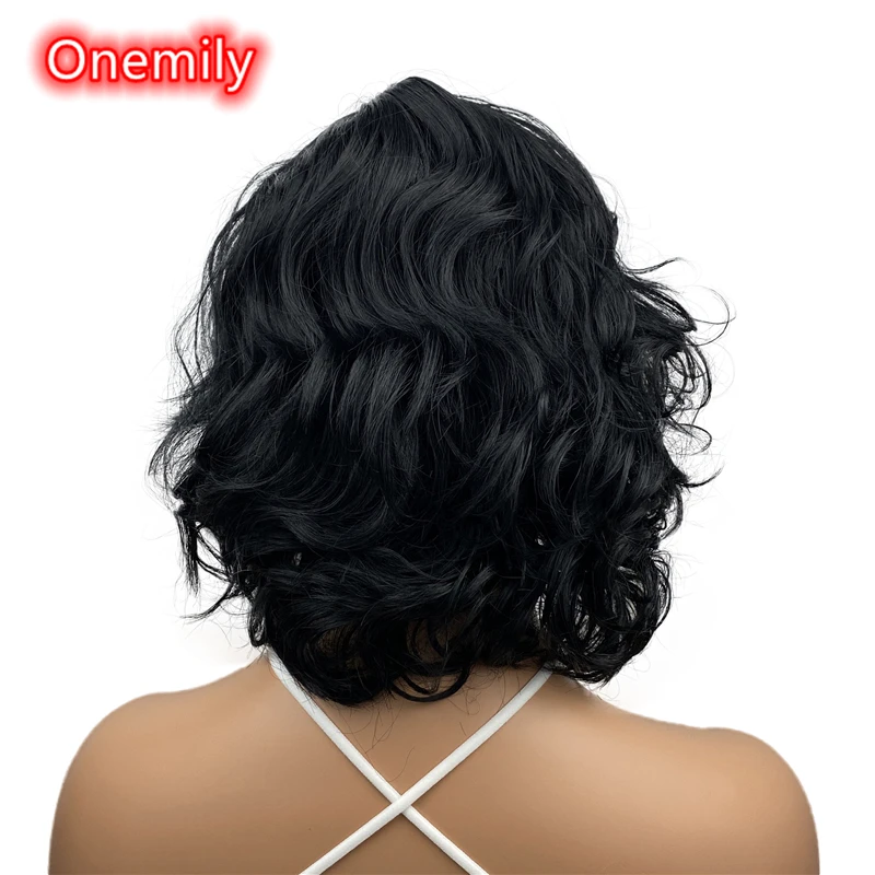 Onemily-Peluca de cabello sintético para mujer y niña, cabellera de onda corta ondulada, rizada, resistente al calor, con flequillo, fiesta de noche, color negro azabache