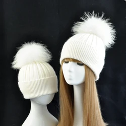 Jxwatche Lovely Parent-child Hats Baby Girls Boys Real Fur Pom Pom Beanie Hats Mother and Baby Set Women Winter Knitted Skullies