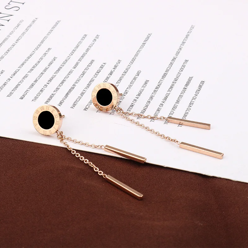 Fashion Round Roman Numerals Tassel Circle Stud Earring Rose Color Stainless Steel Women Party Gift