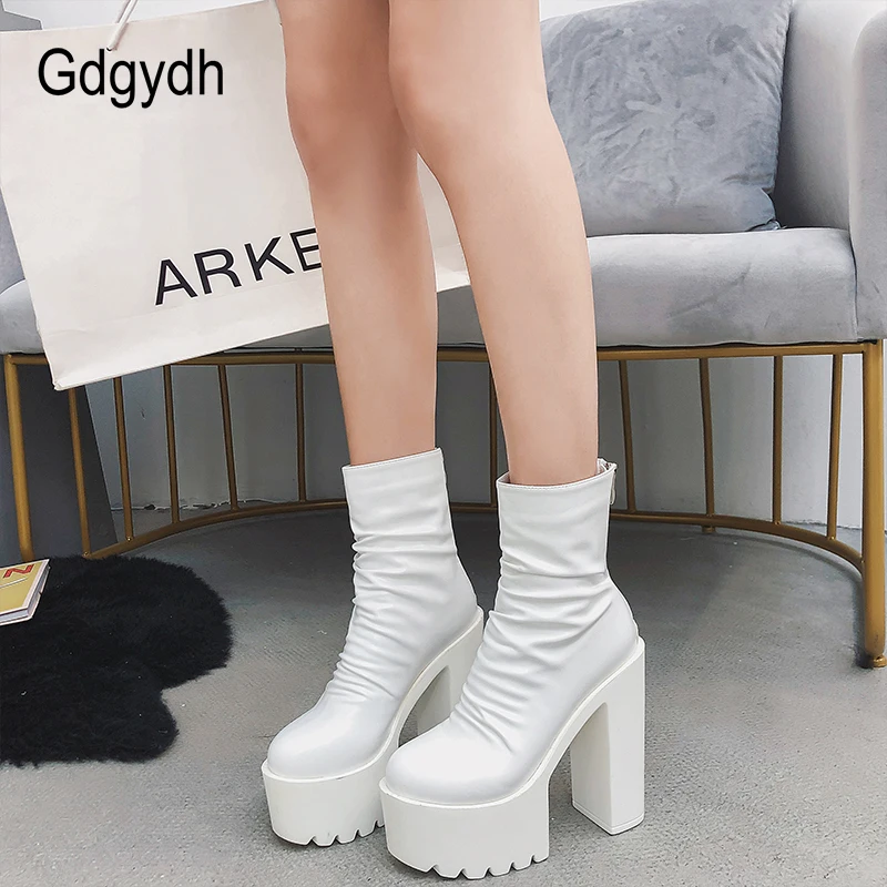 Gdgydh Autumn Winter Platform Boots High Heels Back Zipper Black White Short Boots For Women Waterproof Gothic Shoes