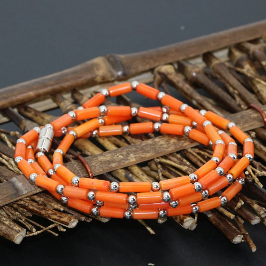 

4rows & 2rows natural orange coral tube beads bracelets 3*7mm long chain multilayer bangle magnetic clasp jewelry B2792