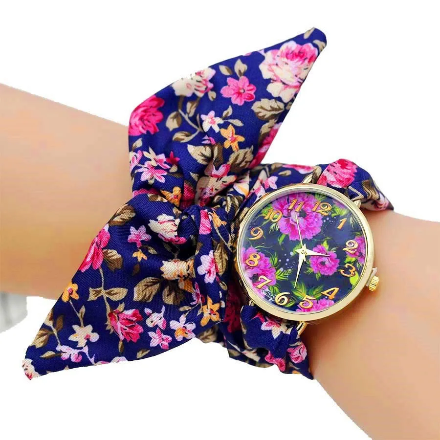 Shsby 2020 New Women Dress Watch Ladies Flower Cloth Wristwatch High Quality Fabric Gold Watch Sweet Girls Bracelet Watch Reloj