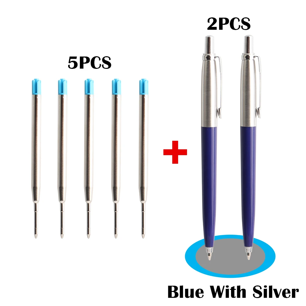 2+5/Set Office A Pen Metal Ballpoint Pen With Refill Gift Stationery Core Automatic Ball Pen For School Office Ink Blue Black