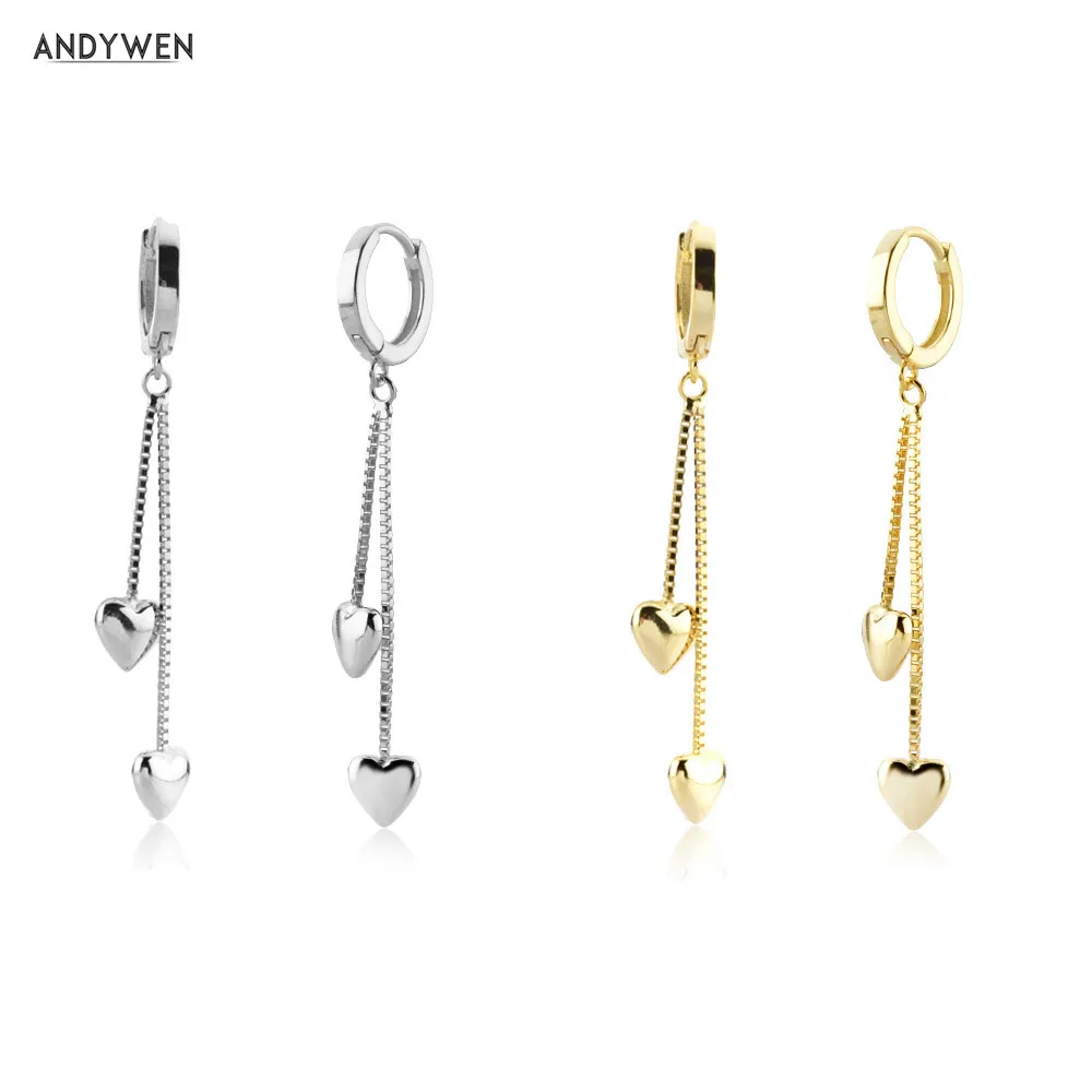 ANDYWEN 925 Sterling Silver Two Chain Heart Drop Earring Women Fashion Fine Jewelry Clips Female Classic Wedding Rock Punk Party