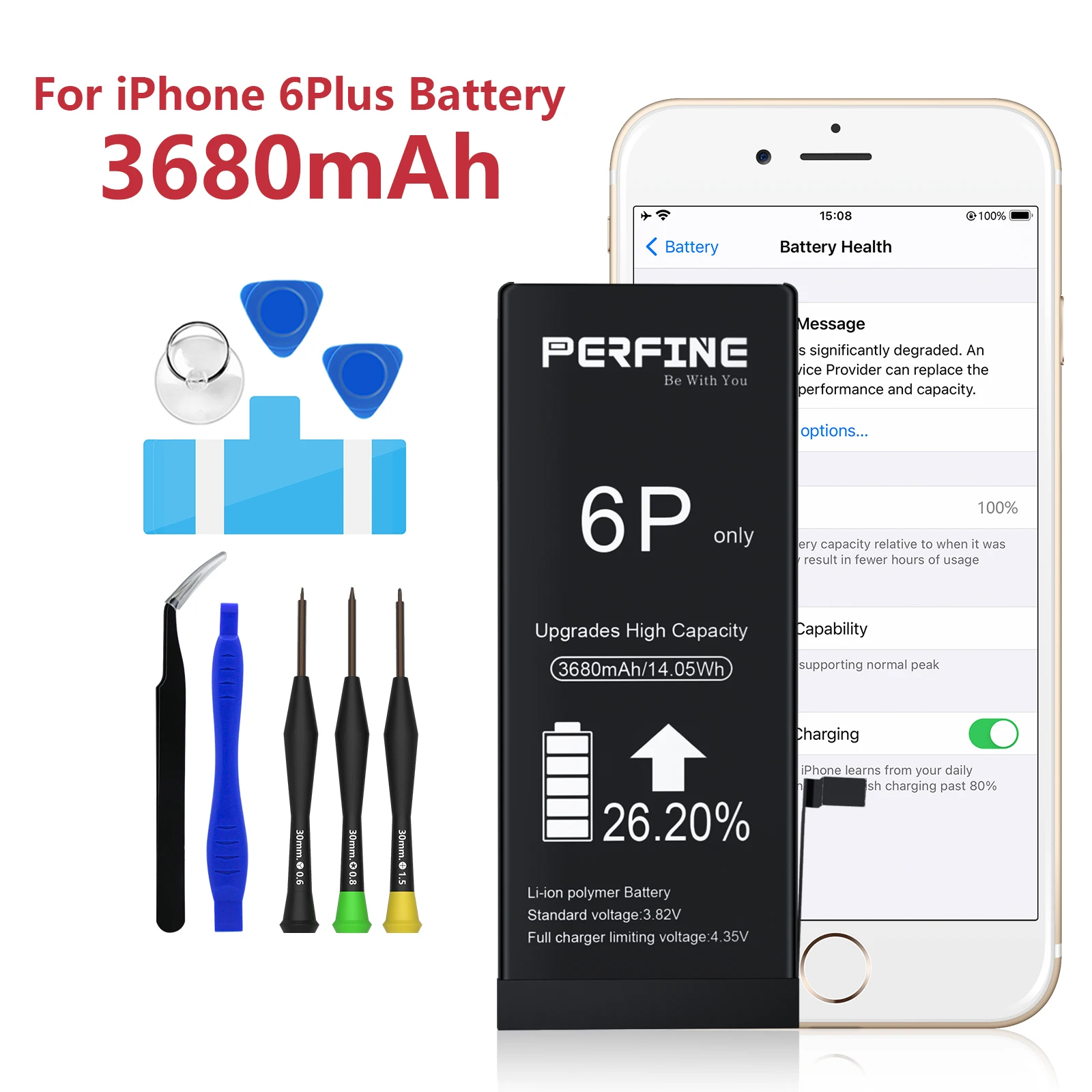 PERFINE for Iphone 6 Plus Battery A1522 A1524 A1593 3680mAh Mobile Phone Installation Repair Tool Kit Lightning Cable