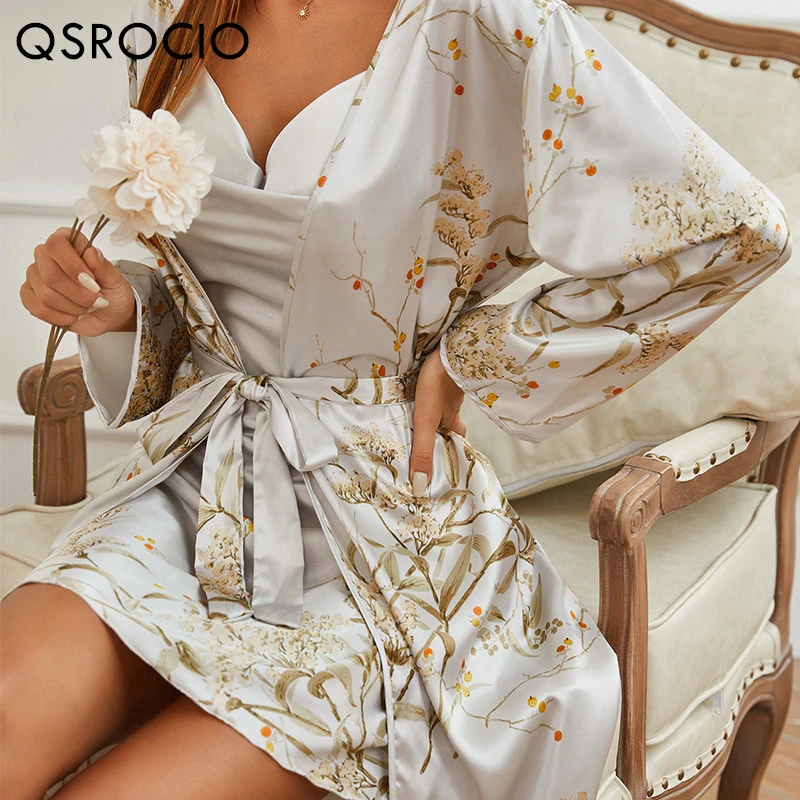 QSROCIO Women\'s Pajamas Robe Set Silk Like Homewear Deep V Neck Sling Dress Luxury Floral Print Bathrobe 2pcs Home Clothes Femme