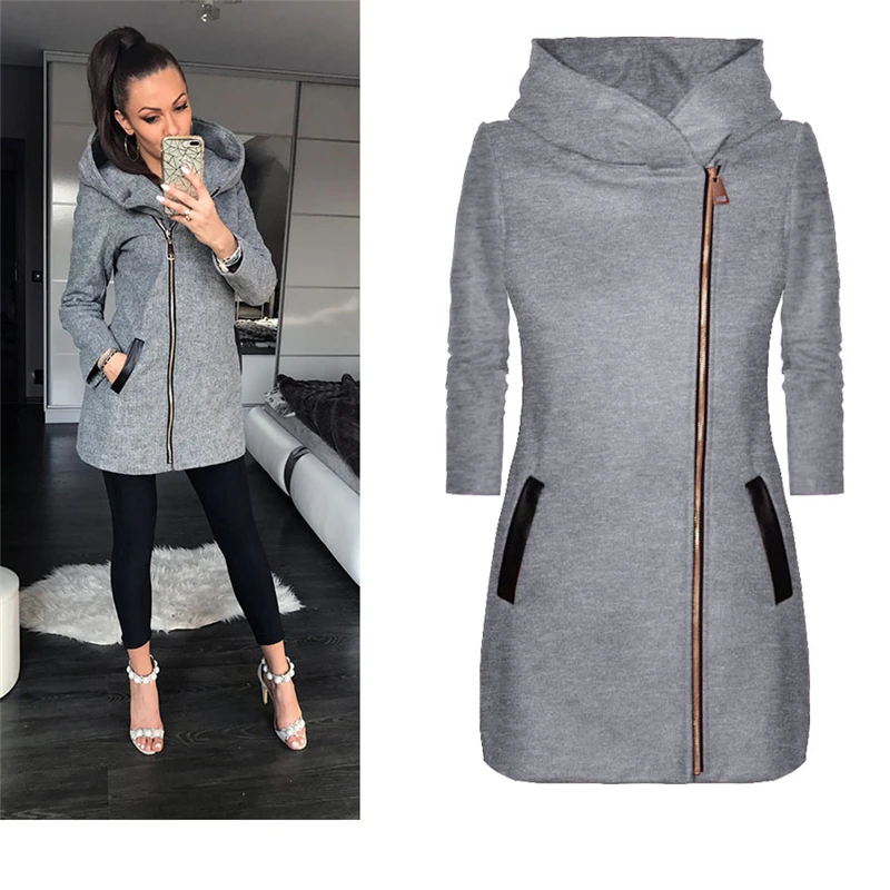 Autumn Winter Women Coats Fashion Solid Color Zip Up Long Sleeve Hooded Jacket Coat Outerwear Women Long Hoodies Coat Plus Size