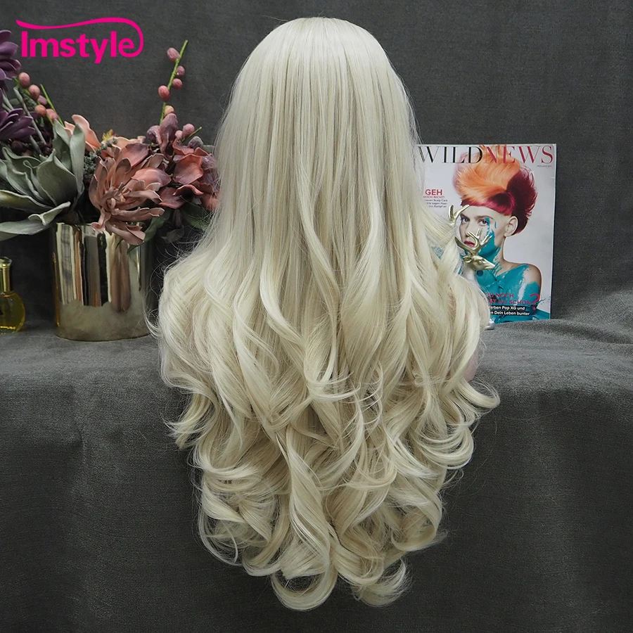 Imstyle Ash Blonde Wigs Synthetic Lace Front Wig Heat Resistant Fiber Natural Wavy Long Platinum Wigs For Women Cosplay Wig