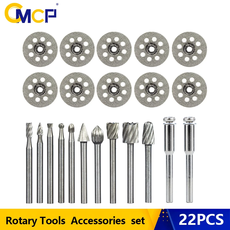 CMCP 22pcs Diamond Cutting Disc Saw Blade HSS Routing Router Drill Bits for Dremel Rotary Tool Stone Wood Cutting Tool Set