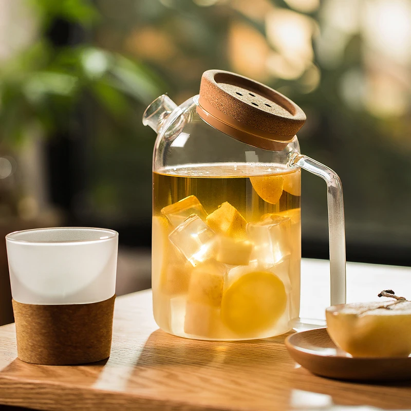 

JINYOUJIA Creative Glass Cork Water Kettle Wooden Cover Flower Teapot Heat-Resistant Juice Cold Kettle With Cork Lid