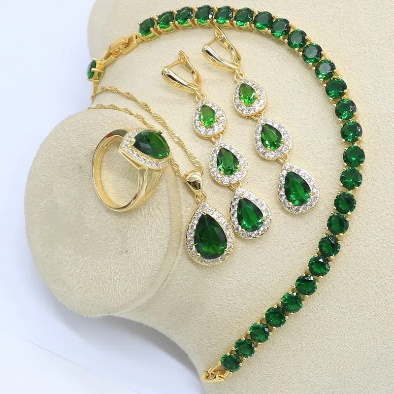 Water Drop Green Stones Gold Color Jewelry Set for Women with Bracelet Long Earrings Necklace Pendant Ring Birthday Gift