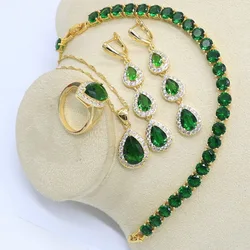 Water Drop Green Stones Gold Color Jewelry Set for Women with Bracelet Long Earrings Necklace Pendant Ring Birthday Gift