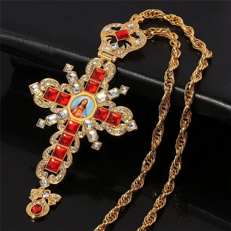 Gold Cross Pendant Necklace Orthodox Crucifix Red Rhinestone Coin Necklaces For Women Religious Jewelry Long Chain Necklace Box