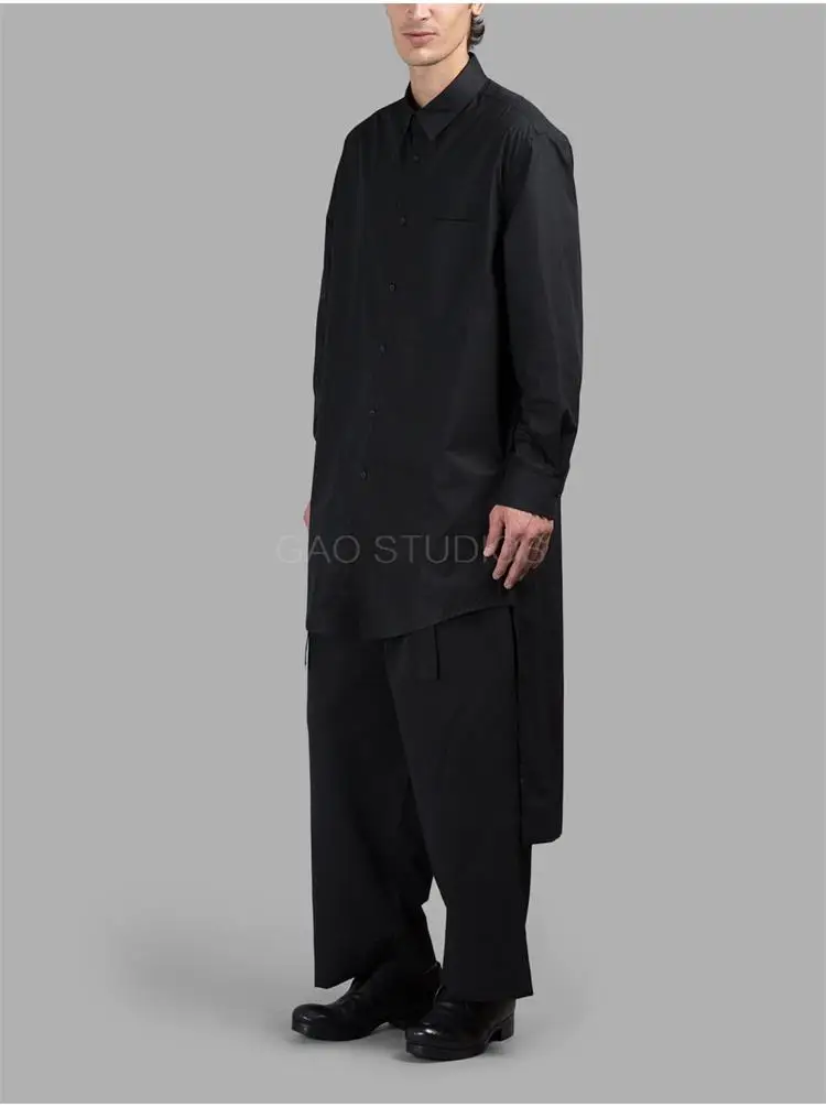 

Мужская рубашка с длинным рукавом, темно-синяя однобортная рубашка с отложным воротником, короткая спереди и длинная сзади, весна-осень